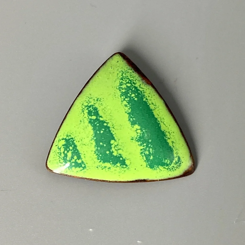 Vintage Enamel Copper Triangle Pin One of a Kind Green Lime & Kelly - Picture 2 of 9